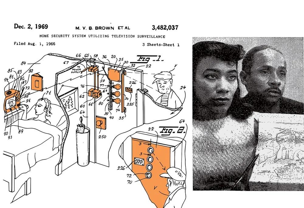 The Browns' 1969 patent (L) plan for an elaborate home security system suggested safety and relaxation can go hand in hand. Marie Van Brittan Brown and Albert L. Brown. (U.S. Patent and Trademark Office)