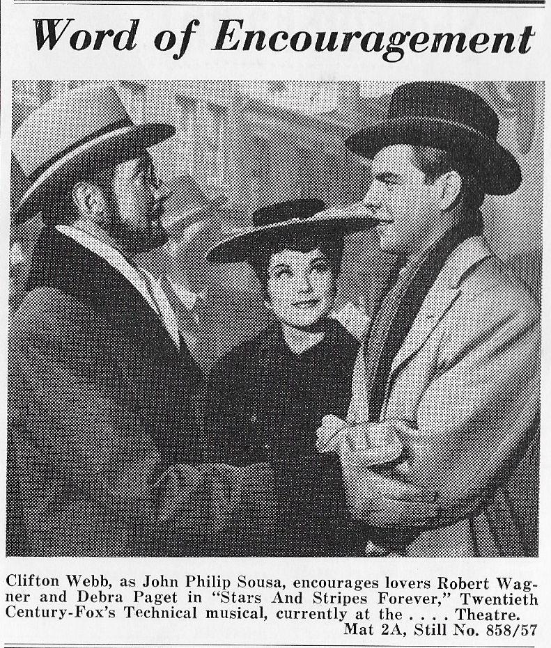 (L–R) John Philip Sousa (Clifton Webb), Lillie Becker (Debra Paget), and Willie Little (Robert Wagner), in “Stars and Stripes Forever.” (20th Century Fox)
