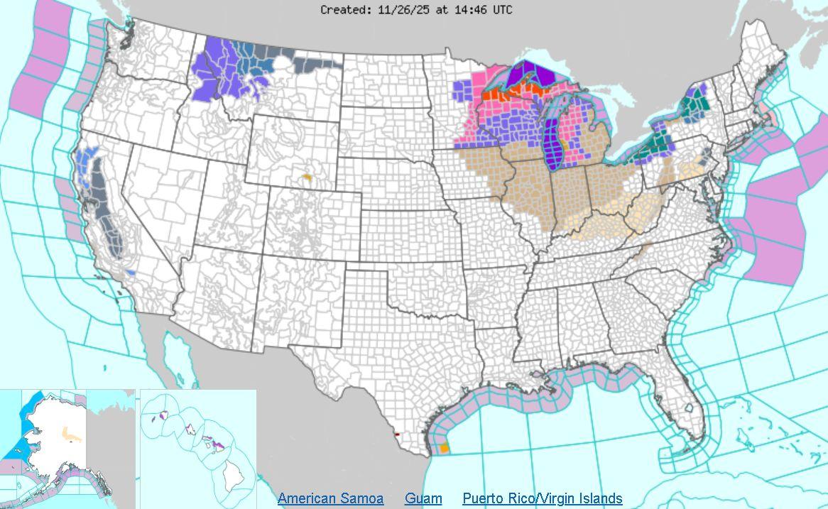 The national U.S. weather forecast map for Nov. 26, 2025. (US National Weather Service via The Epoch Times)