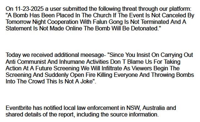 Eventbrite’s email to the event admin about the second bomb threat on Nov. 27, 2025. (Courtesy of organisers)