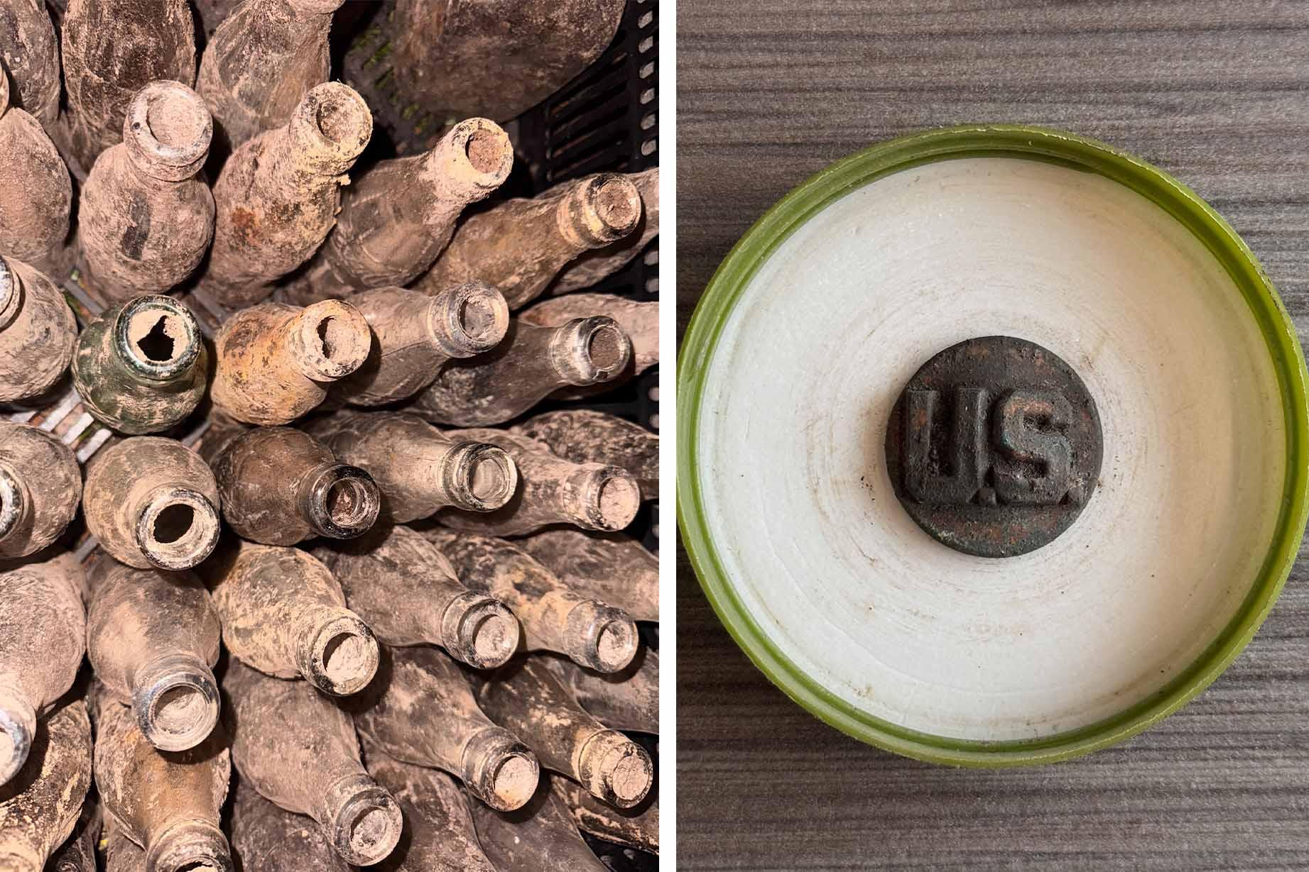 (Left) Coke bottles left over from WWII; (Right) A U.S. soldier's button. (Courtesy of Gabriela Bernatova)