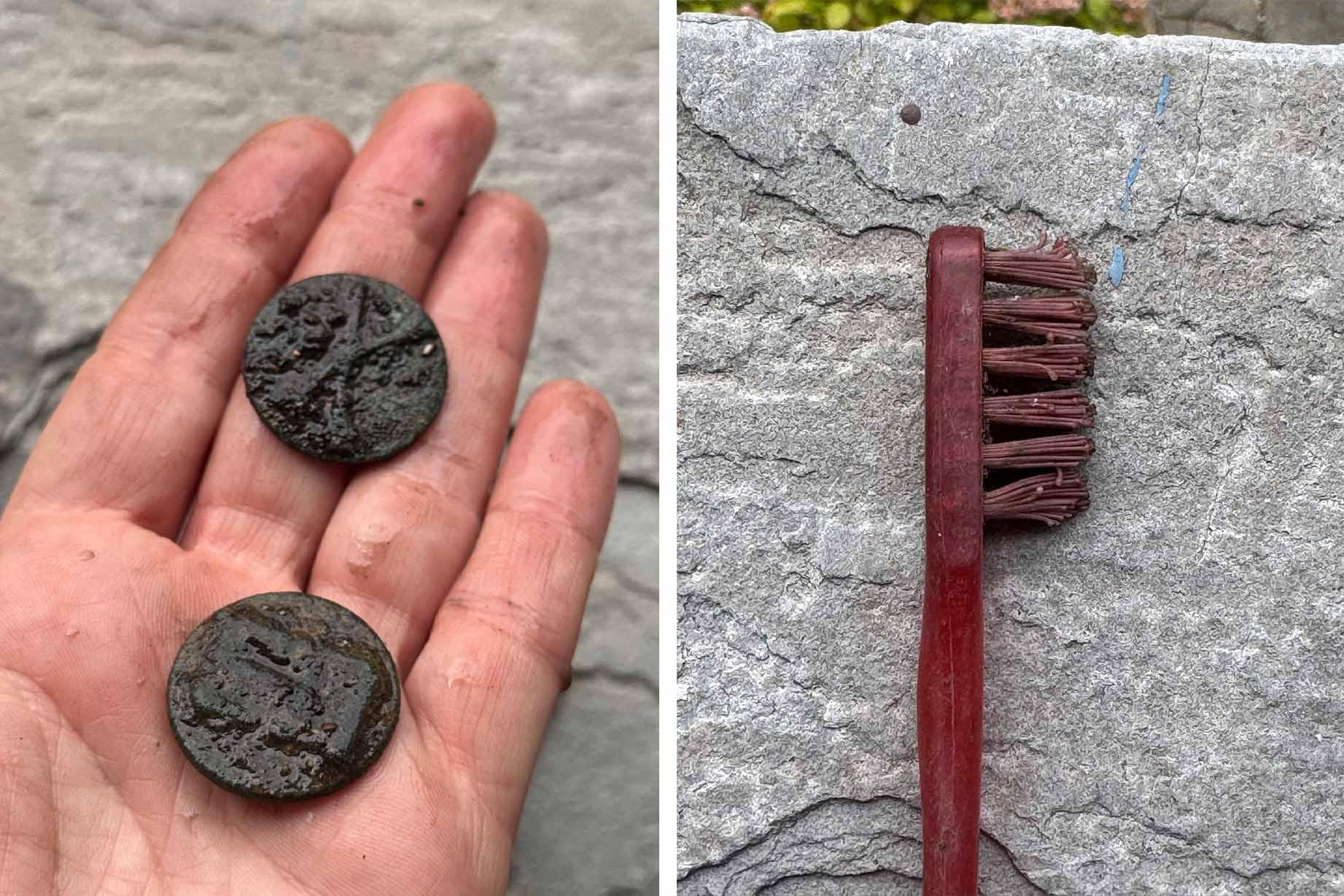 World War II-era objects found by Bernatova include U.S. Army buttons and ordinary objects like toothbrushes. (Courtesy of Gabriela Bernatova)