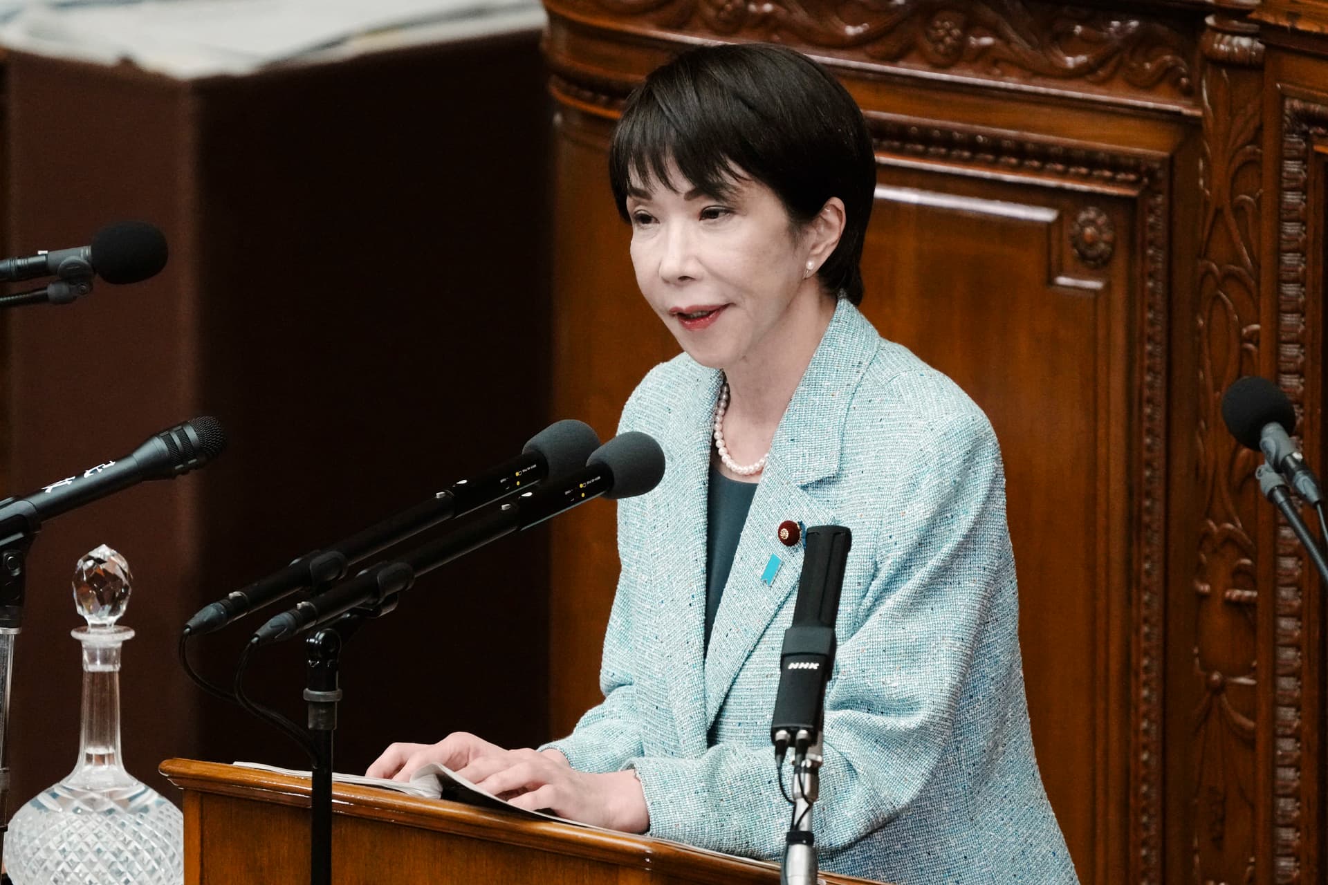 Japanese Prime Minister Sanae Takaichi answers a question from an opposition party member during a plenary session of the House of Representatives at the National Diet in Tokyo on Dec. 8, 2025. (Kazuhiro Nogi / AFP via Getty Images)