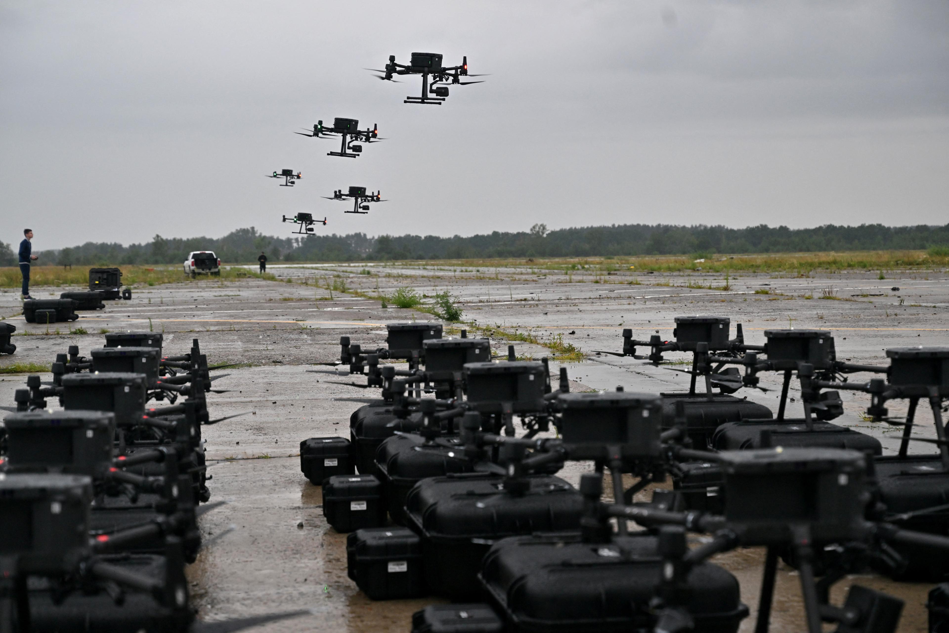 DJI Matrice 300 reconnaissance drones are seen during test flights prior to being sent to the front line, in the Kyiv region on Aug. 2, 2022. (Sergei Supinsky/AFP via Getty Images)