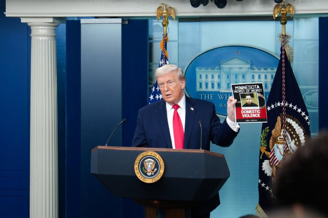 President Donald Trump speaks during a White House press briefing marking the first year of his second term on Jan. 20, 2025. (Madalina Kilroy/The Epoch Times)
