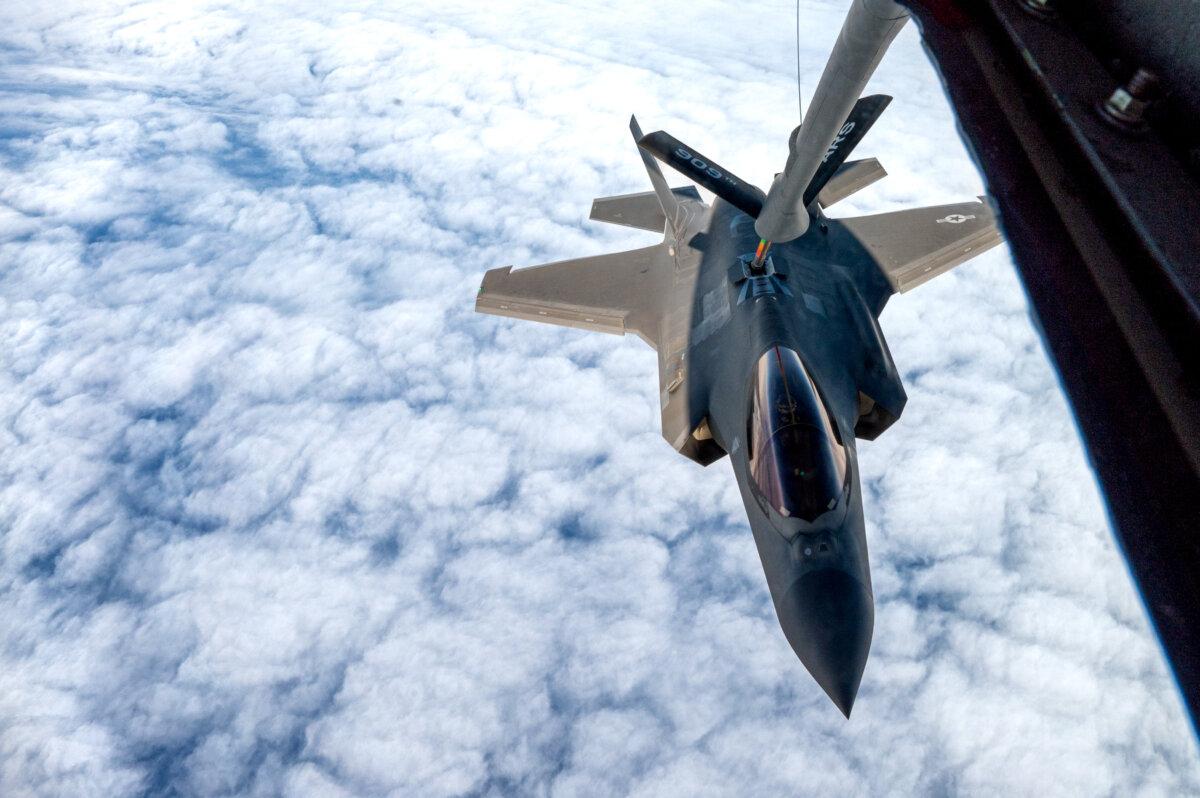 A U.S. Air Force F-35A Lightning II conducts aerial refueling with a KC-135 Stratotanker assigned to the 909th Air Refueling Squadron during a local exercise over the Pacific Ocean on Nov. 17, 2025.<br/>(Airman 1st Class Arnet Tamayo/U.S. Air Force via DVIDS)