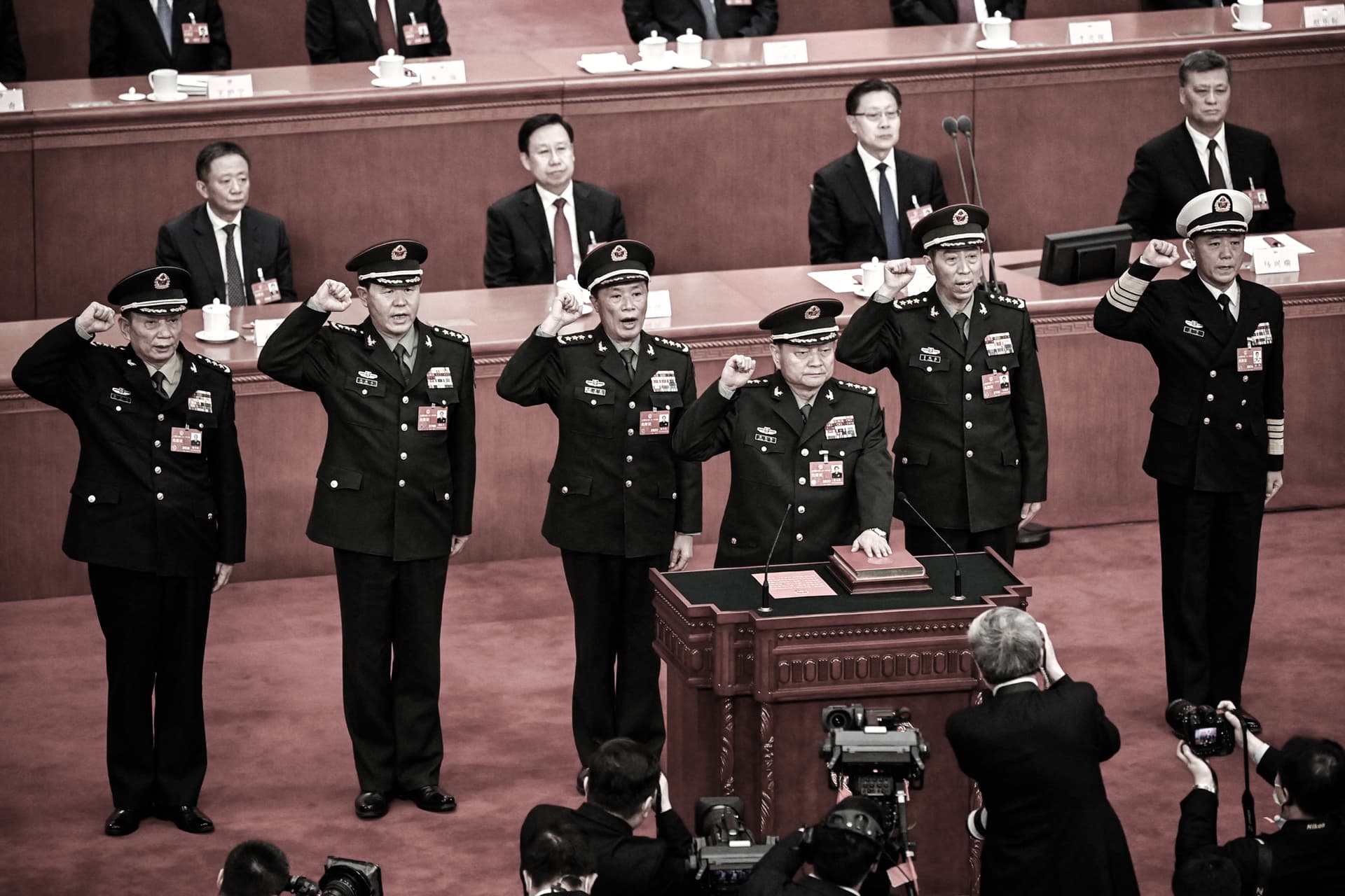 Zhang Youxia (front) swears an oath with members of the Central Military Commission after they were elected during the fourth plenary session of the National People’s Congress at the Great Hall of the People in Beijing on March 11, 2023. (Greg Baker/Pool/AFP via Getty Images)