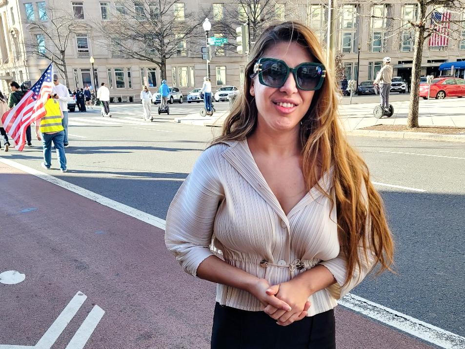 Dina Sheikami, an Iranian from Canada, participates in a march in Washington to praise the U.S.–Israeli strikes on Iran on Feb. 28, 2026. (Stacy Robinson/The Epoch Times)