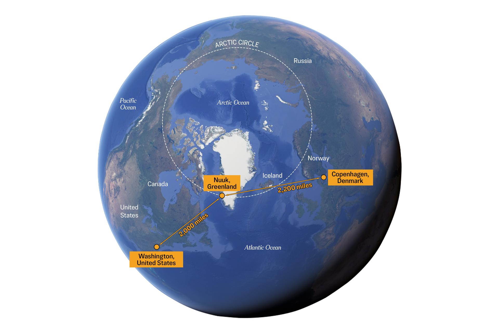 Greenland is part of North America. Its capital, Nuuk, is geographically closer to Washington, D.C., than to Copenhagen. (Illustration by The Epoch Times, Google Earth)