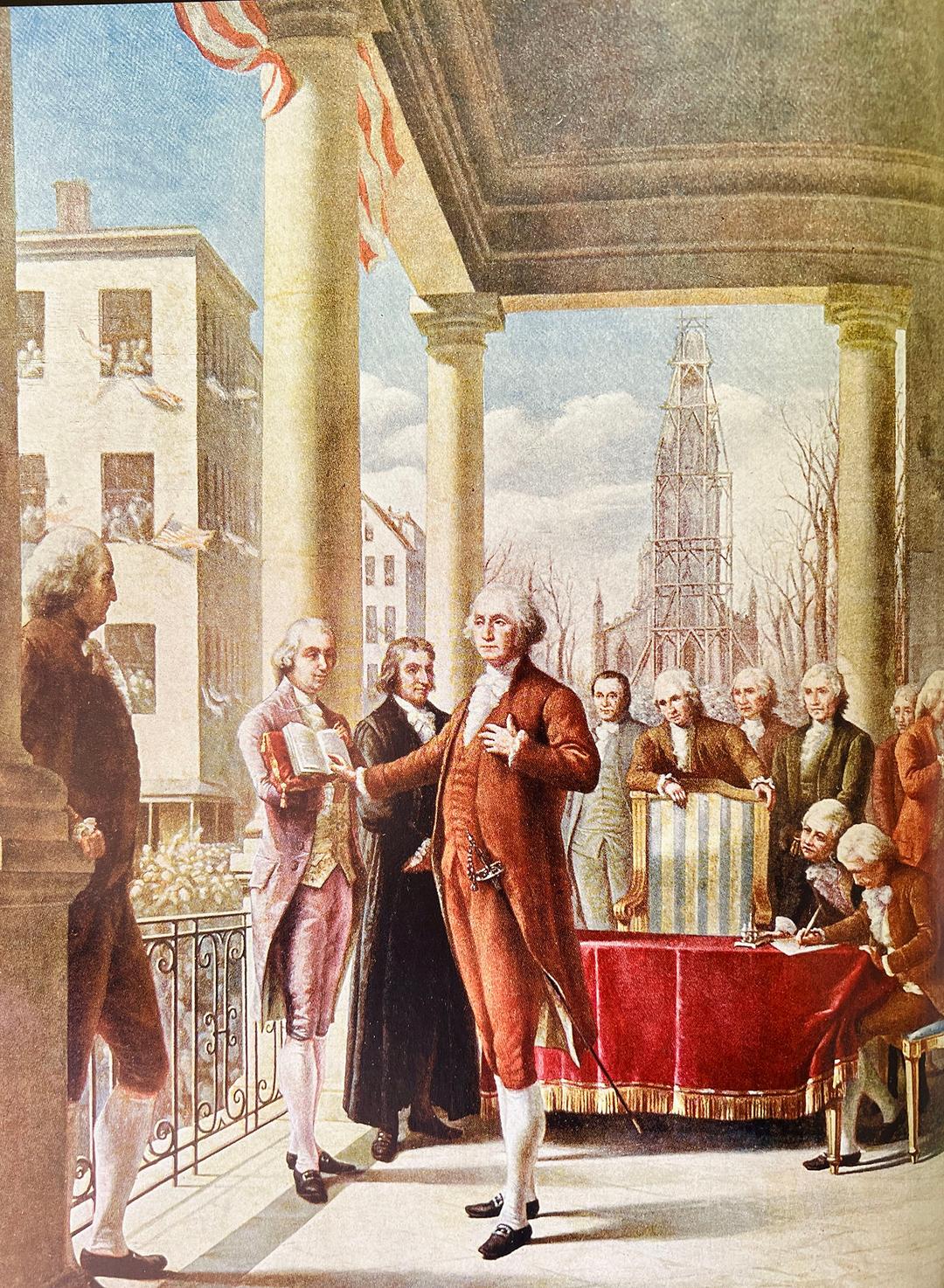 A 19th-century illustration of George Washington being sworn in to the presidency. (clu/Getty Images)