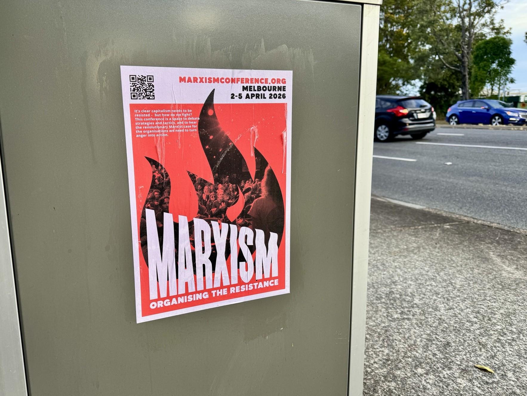 A poster advertising the Marxism Conference in Melbourne hosted by the Socialist Alternative in Sunnybank, Brisbane in Australia on Jan. 15, 2026. (Daniel Y. Teng/The Epoch Times)