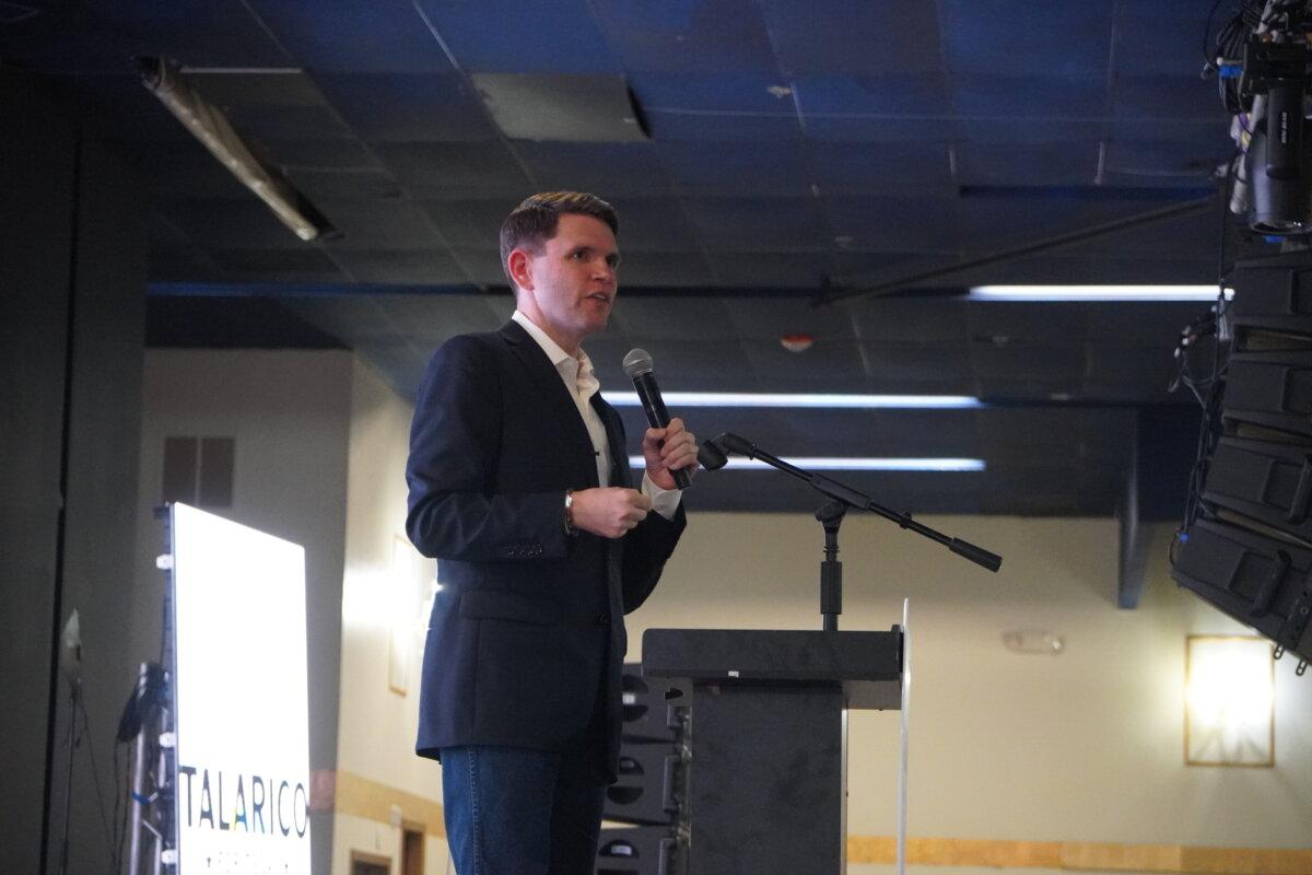 Texas state Rep. James Talarico, a Democrat running for Senate, speaks at a rally in Austin, Texas, on Feb. 17, 2026, the first day of early voting in Texas's primaries. (Nathan Worcester/The Epoch Times)