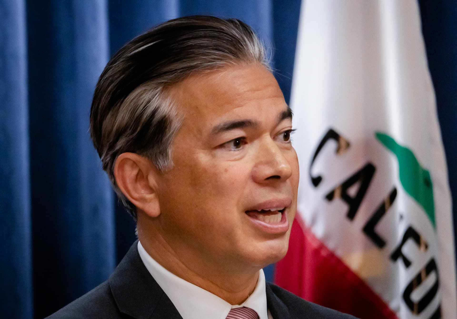 California Attorney General Rob Bonta speaks in Los Angeles, Calif., on April 15, 2024. (John Fredricks/The Epoch Times)