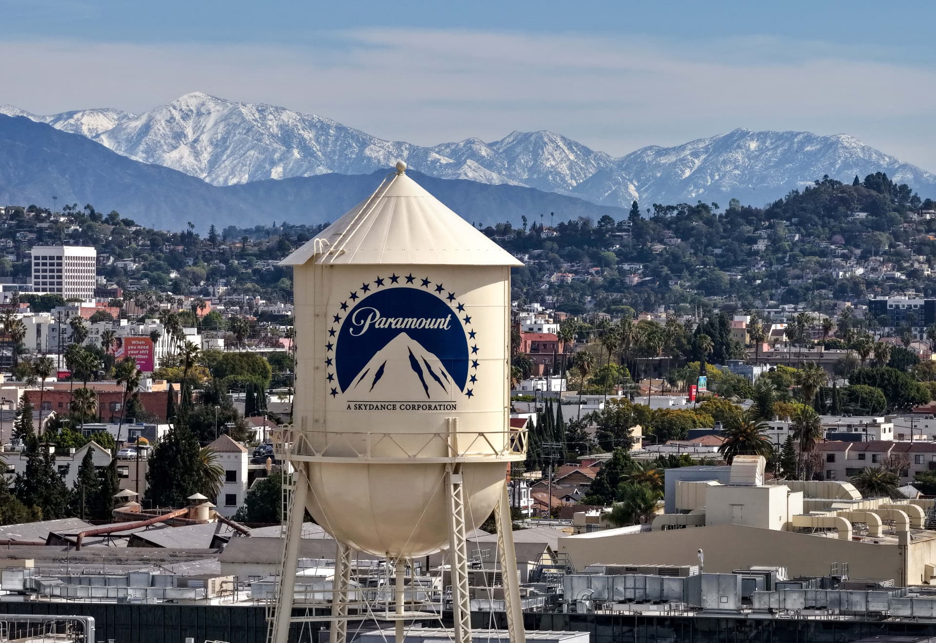 The Paramount logo on the water tower at Paramount Studios in Los Angeles on Feb. 23, 2026. (Justin Sullivan/Getty Images)