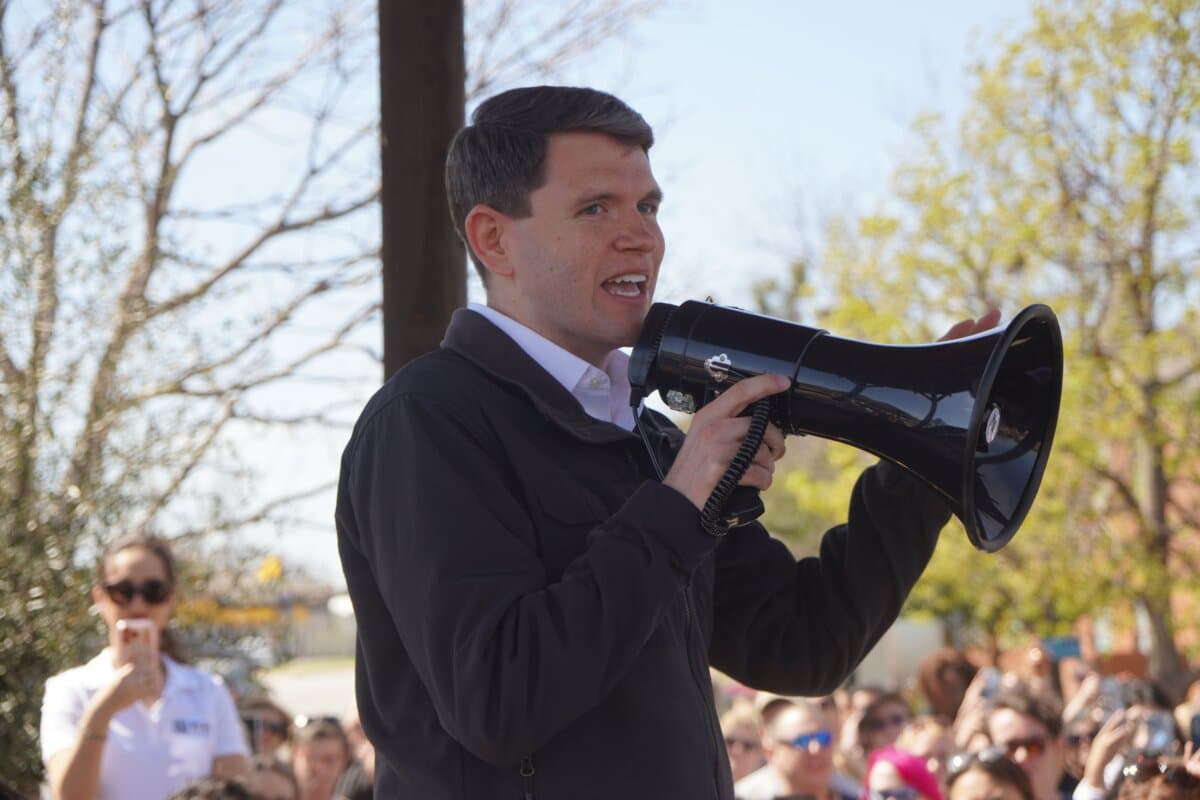 Texas state Rep. James Talarico rallies in Round Rock, Texas, on March 3, 2026. Talarico is running for the Democratic Senate nomination against Rep. Jasmine Crockett (D-Texas). (Nathan Worcester/The Epoch Times)