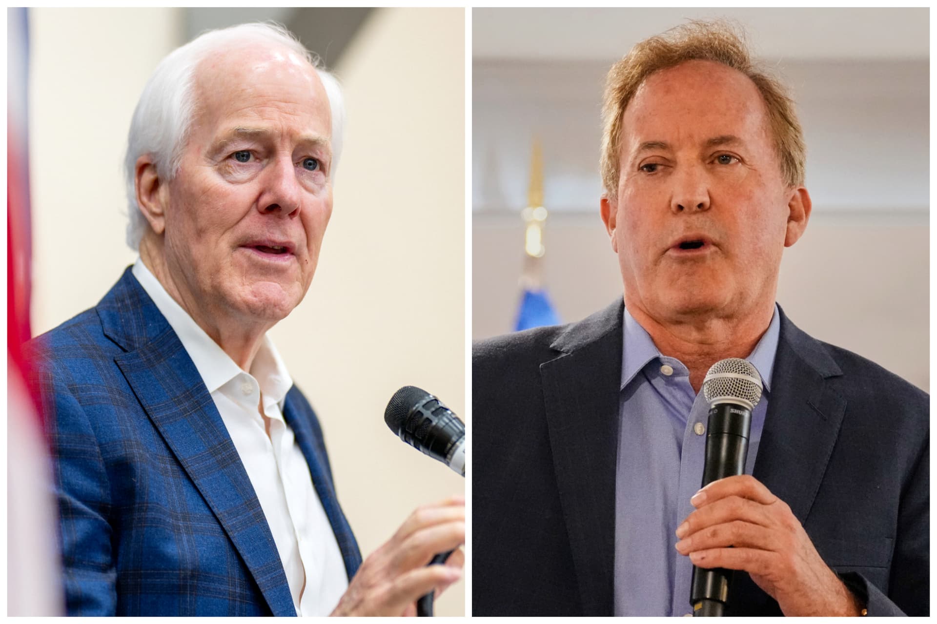 (Left) Sen. John Cornyn (R-Texas) speaks during a Get Out The Vote campaign rally at the Schertz Civic Center Conference Hall in Schertz, Texas, on March 2, 2026. (Right) Texas Attorney General Ken Paxton, the successful Republican candidate for the U.S. Senate, addresses supporters during a campaign stop in Waco, Texas, on March 2, 2026. (Brandon Bell/Getty Images; Tony Gutierrez/AP Photo)