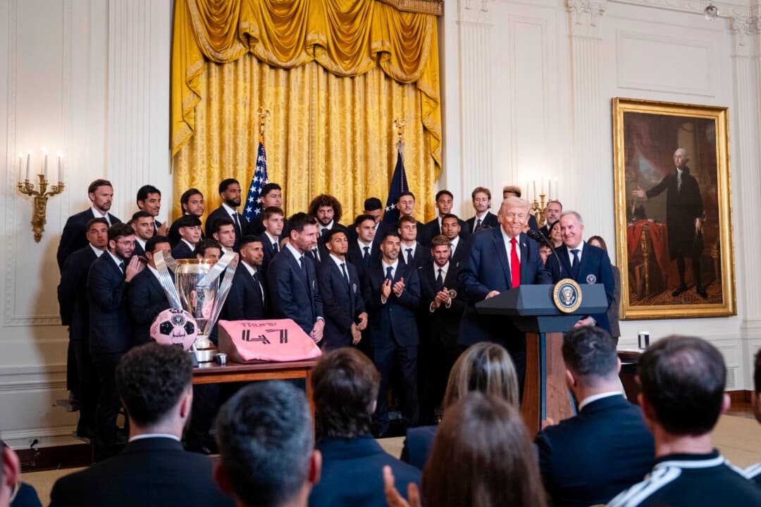 President Donald Trump (C) welcomes soccer player Lionel Messi (L) and Inter Miami CF CEO and Managing Owner Jorge Mas (R) to the White House during a visit to the White House on March 5, 2026. (Madalina Kilroy/The Epoch Times)