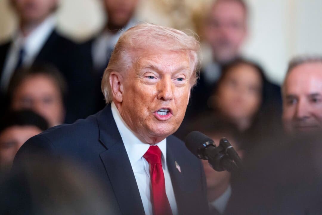 President Donald Trump speaks during Inter Miami CF’s visit to the White House on March 5, 2026. (Madalina Kilroy/The Epoch Times)