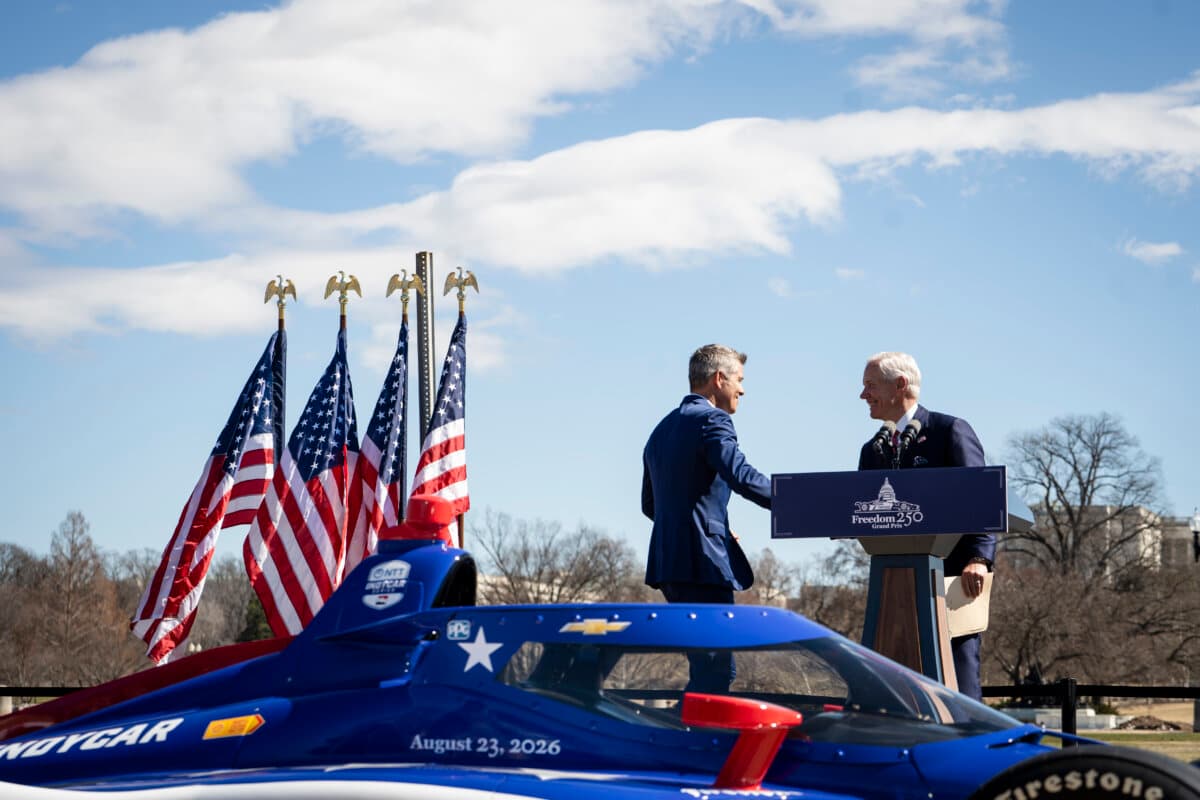 Transportation Secretary Sean Duffy speaks during a press event unveiling the new Indycar for the Freedom 250 Grand Prix, in Washington on March 9, 2026. (Madalina Kilroy/The Epoch Times)