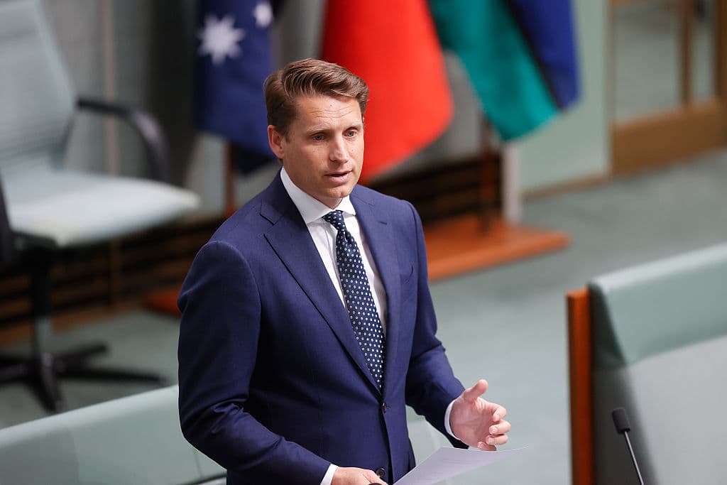 Member for Canning Andrew Hastie addresses the House of Representatives at Parliament House in Canberra, Australia on Feb. 10, 2026. (Hilary Wardhaugh/Getty Images)