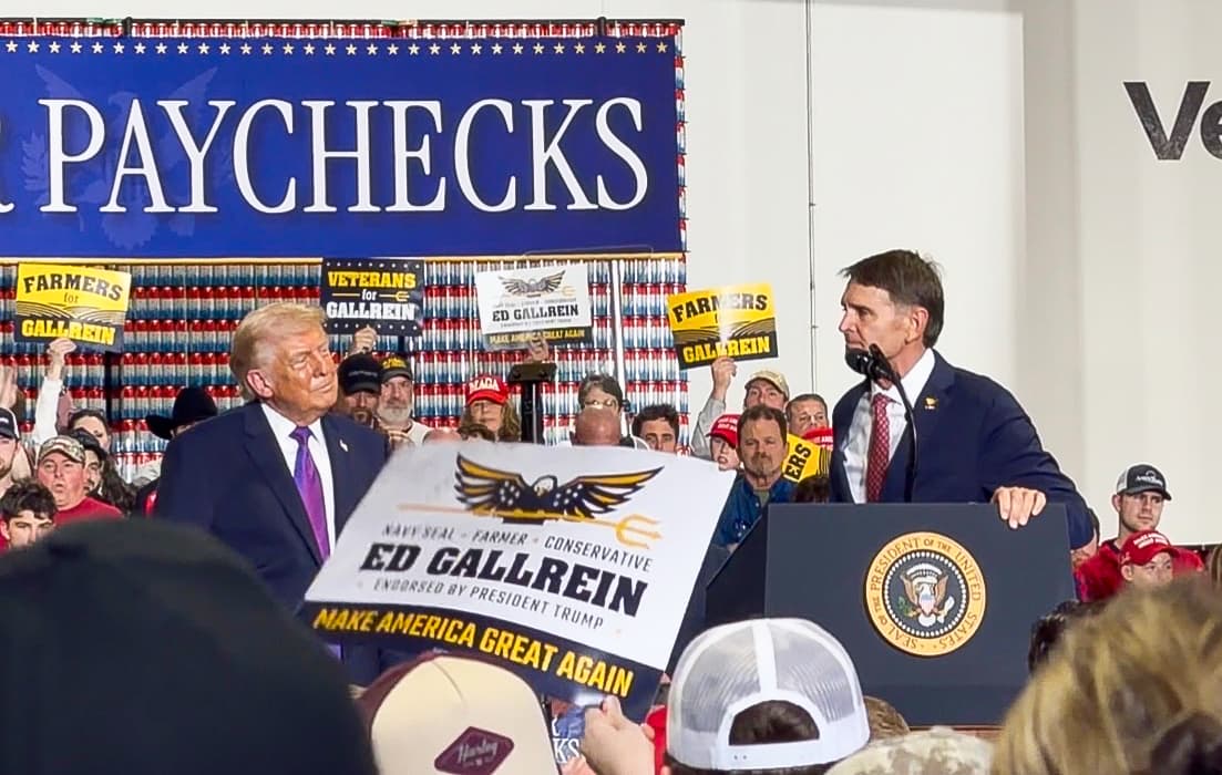 President Donald Trump and Republican congressional candidate Ed Gallrein (R) at Verst Logistics in Hebron, Ky., on March 11, 2026. (Janice Hisle/The Epoch Times)