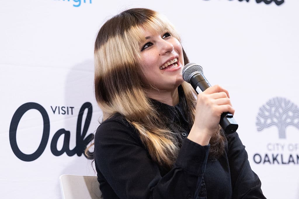 Olympic gold medalist Alysa Liu speaks during a press conference celebrating her accomplishments at the Milano Cortina 2026 Olympics in Oakland, Calif., on March 12, 2026. Liu won the United States' first gold medal in women's singles figure skating since 2002. (Benjamin Fanjoy/Getty Images)