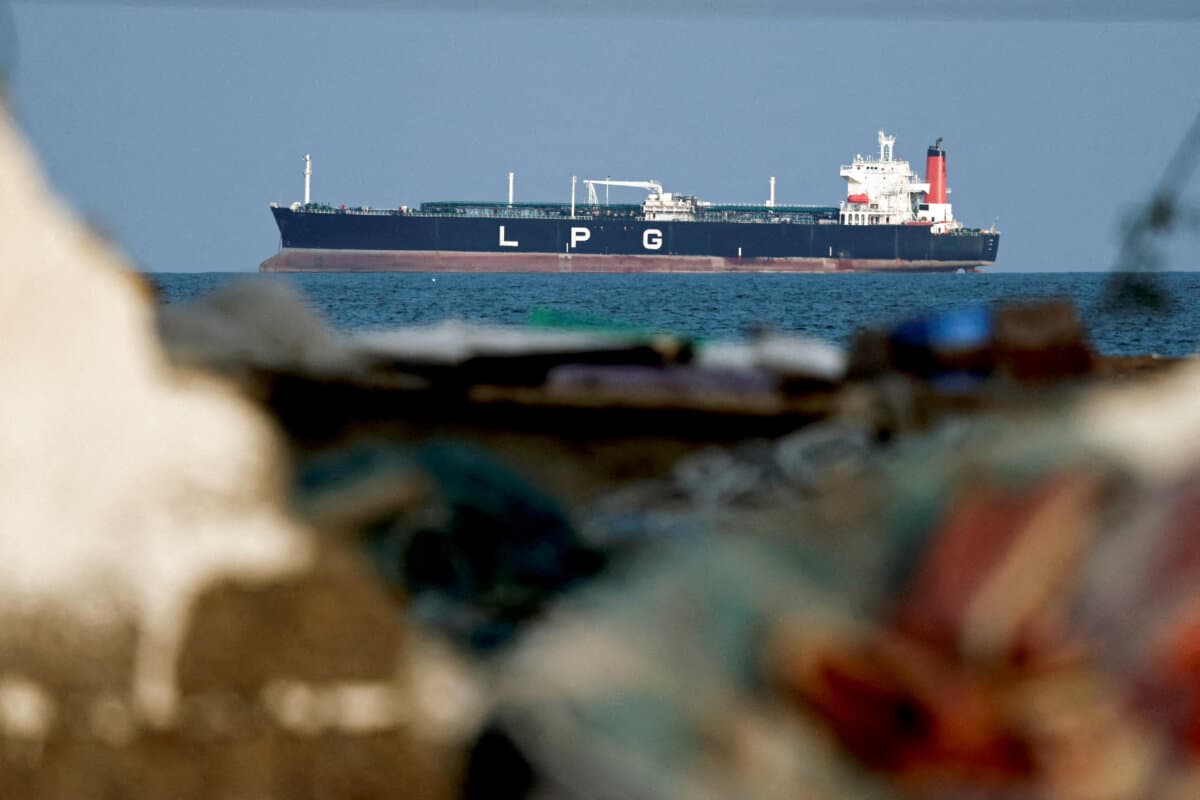A liquefied petroleum gas tanker at anchor as traffic is down in the Strait of Hormuz, amid the U.S.–Israeli conflict with Iran, in Shinas, Oman, on March 11, 2026. (Benoit Tessier/Reuters)