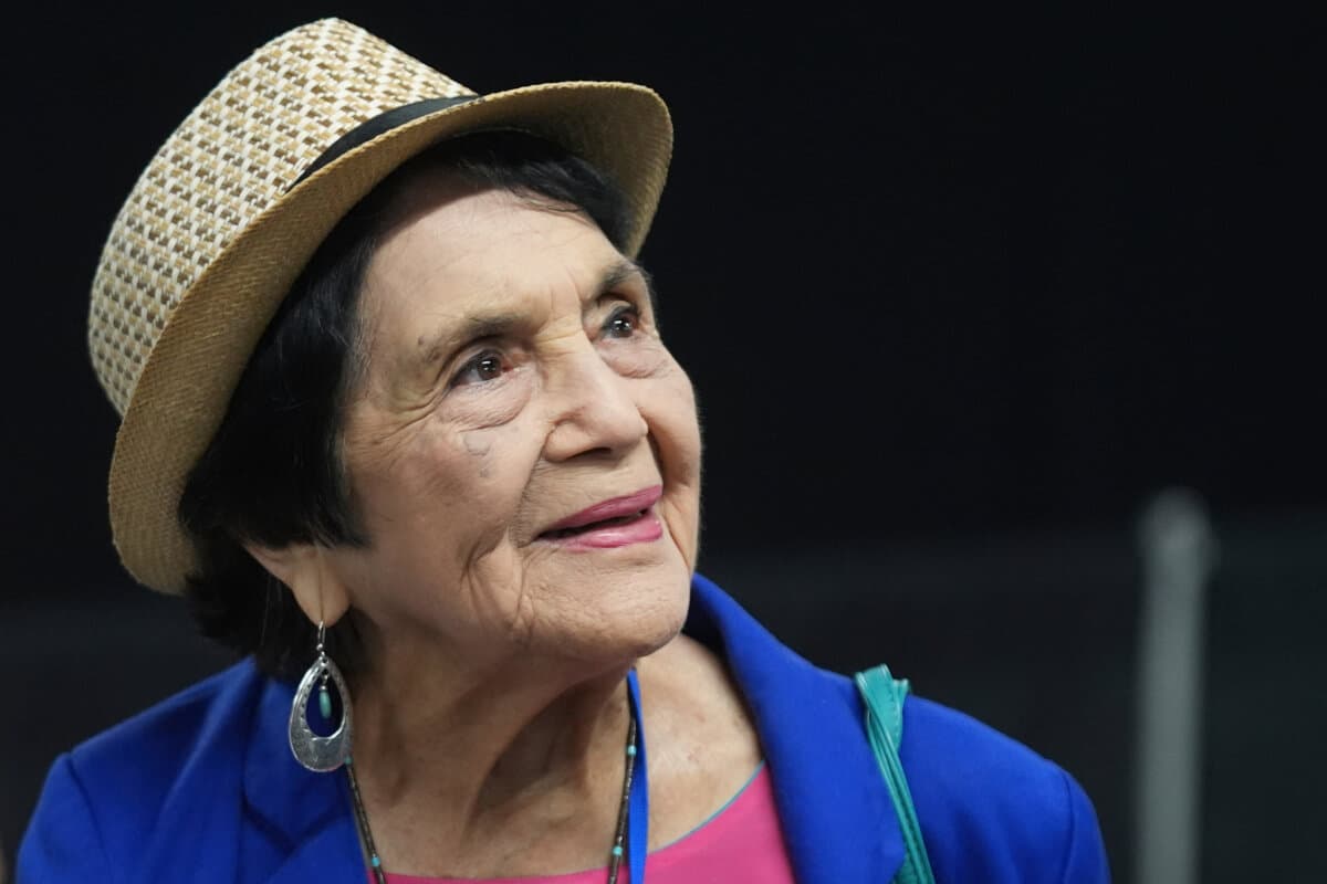 Dolores Huerta, the labor leader, civil rights activist, and co-founder of the National Farm Workers Association, is seen at the California Democratic Party's 2025 State Convention at the Anaheim Convention Center in Anaheim, Calif., on May 31, 2025. (AP Photo/Damian Dovarganes, File)