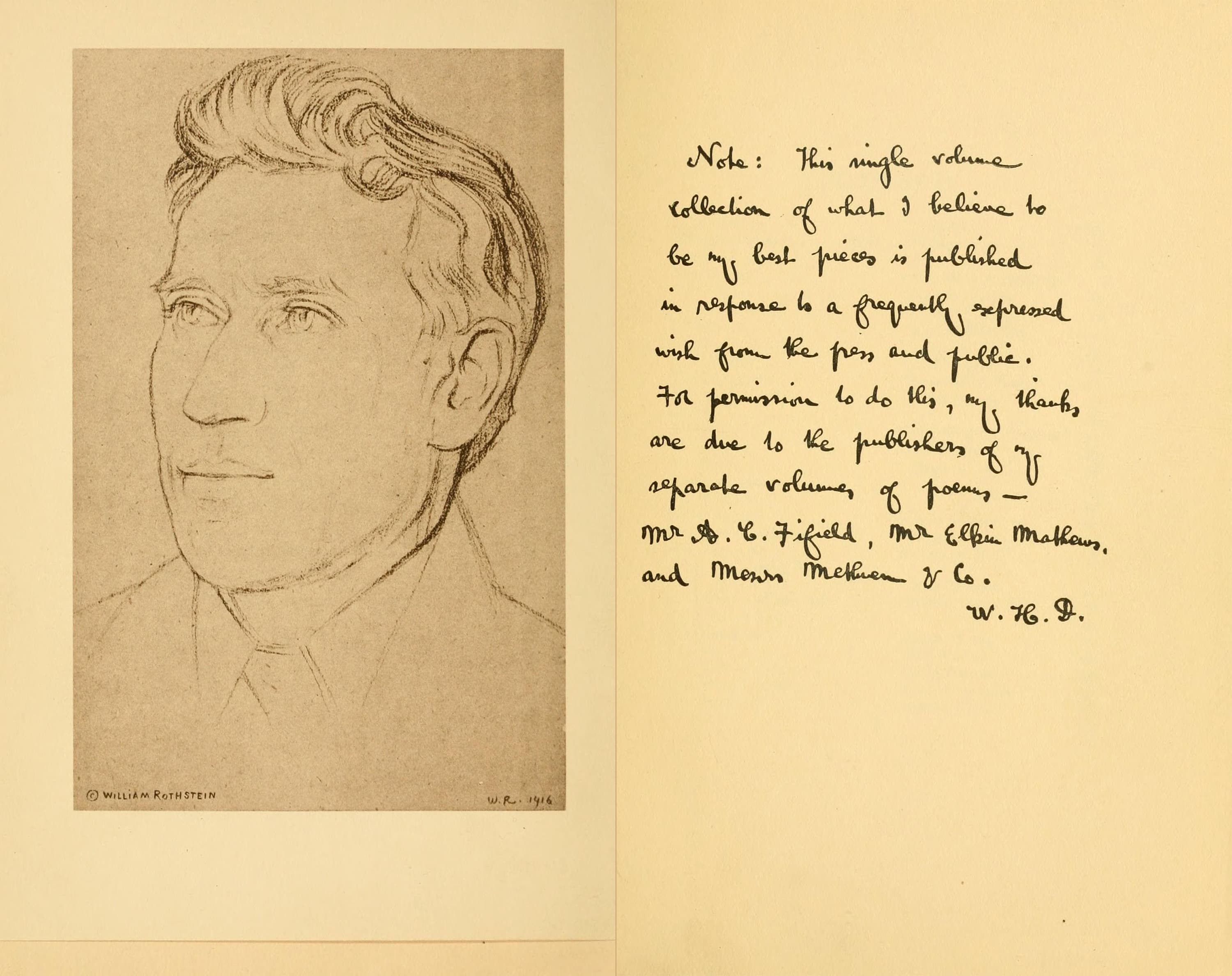 Frontispiece and note from the 1916 compilation “The Collected Poems of William H. Davies,” featuring “Laughing Rose.” Internet Archive. (Public Domain)