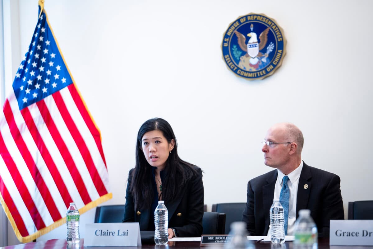 Claire Lai (L), daughter of Jimmy Lai, and Rep. John Moolenaar (R-Mich.), chairman of the House Select Committee on the Chinese Communist Party, at a news conference on Capitol Hill in Washington on March 19, 2026. (Madalina Kilroy/The Epoch Times)