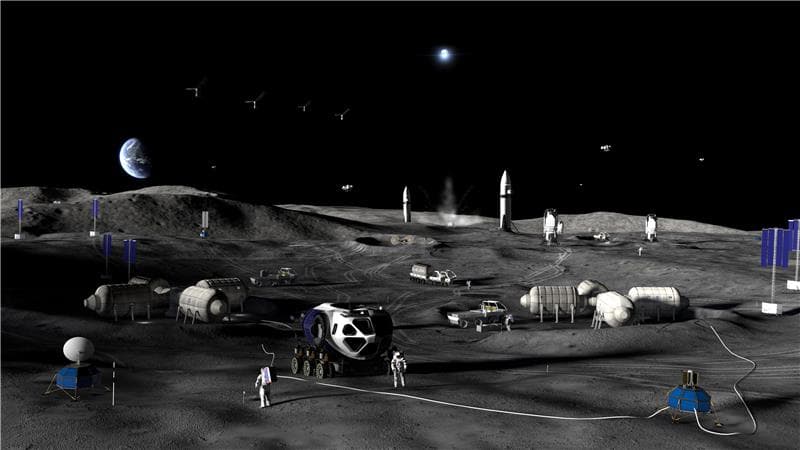An artist’s concept shows phase three of NASA’s moon base, planned near the lunar south pole and designed to support a continuous human presence with nuclear power. The base is envisioned as a staging point for missions to Mars and the outer solar system. (Courtesy of NASA)