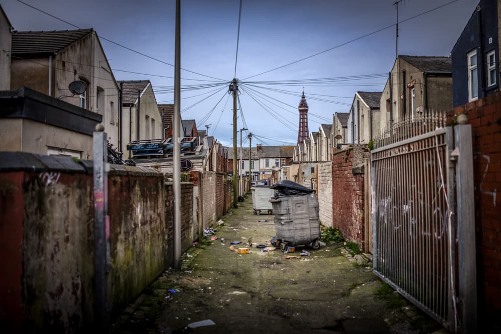 A general view of Blackpool Tower and the backs of homes in Blackpool, England, on March 26, 2026. (Christopher Furlong/Getty Images)