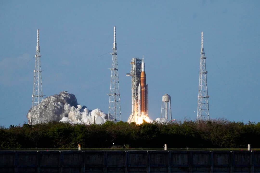 The NASA Artemis II Space Launch System rocket and Orion spacecraft blasts off at Kennedy Space Center in Cape Canaveral, Fla., on April 1, 2026. (T.J. Muscaro/The Epoch Times)