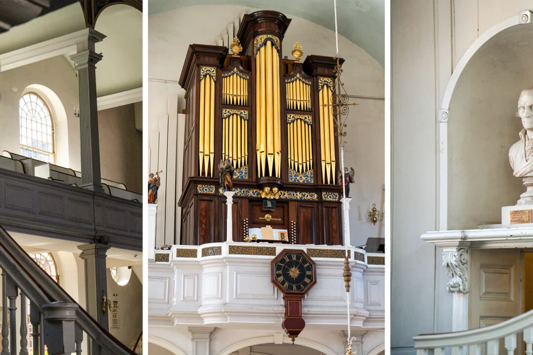 (Left, Center) Old North Church in Boston on April 8, 2026. (Right) A bust of George Washington in Old North Church in Boston on April 8, 2026. (Samira Bouaou/The Epoch Times)