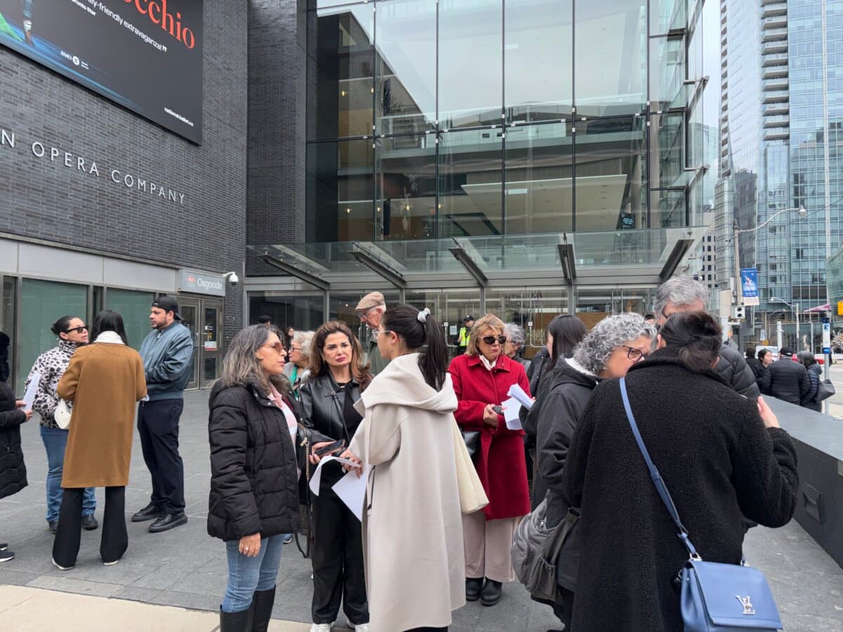 Audience members outside the Four Seasons Centre for the Performing Arts in Toronto on April 1, 2026. The theatre decided to cancel Shen Yun's performances over a bomb threat that the police said was unfounded. (Teng Dongyu/The Epoch Times)