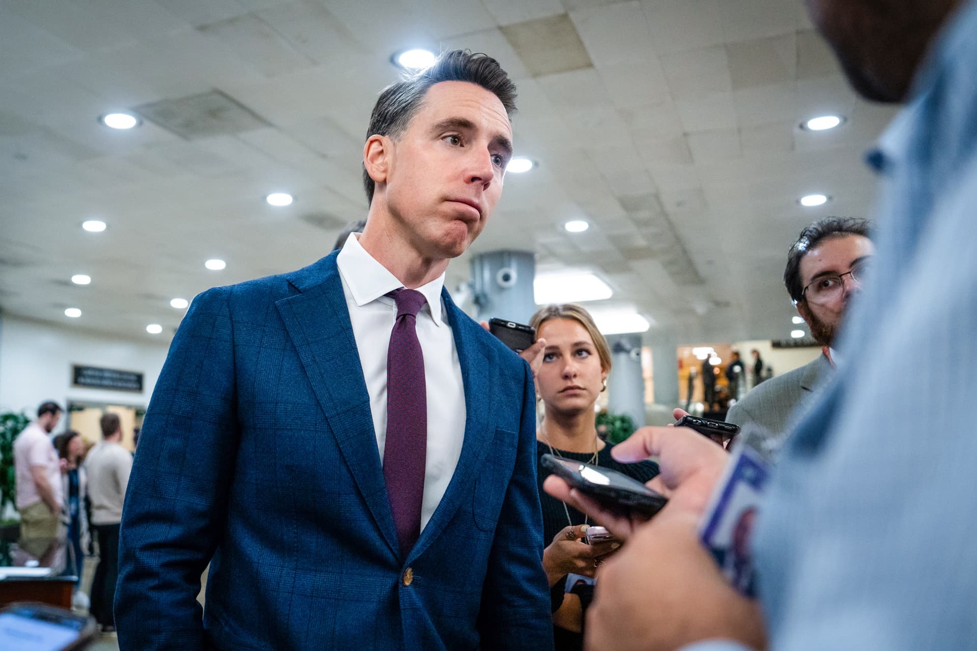 Sen. Josh Hawley (R-Mo.) speaks to reporters on Capitol Hill in Washington on Oct. 9, 2025. Hawley has been a vocal critic of social media companies, which he says prioritize profits over children. (Madalina Kilroy/The Epoch Times)