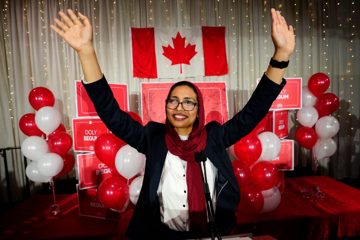 Liberal Party candidate Doly Begum celebrates winning the byelection for the riding of Scarborough Southwest, in Toronto, on April 13, 2026. (The Canadian Press/Frank Gunn)