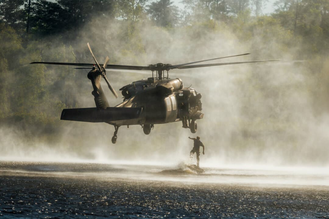 (Left) Soldiers compete in a range event during the Best Ranger Competition at Fort Benning, Ga., on April 10, 2026. (Right) Soldiers jump from a Black Hawk helicopter into Victory Pond at Fort Benning, Ga., on April. 12, 2026. (John Fredricks/The Epoch Times, Staff Sgt. Cayce Watson/U.S. Army)