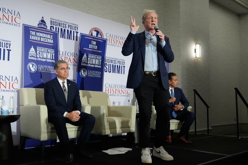 Tom Steyer speaks during a gubernatorial candidate forum in Sacramento, Calif., on April 14, 2026. (AP Photo/Godofredo A. Vásquez)