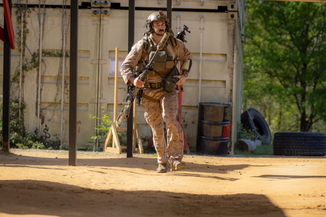 U.S. Marine Staff. Sgt. Tyler Johnson of the United States Marine Corps (USMC) practices shooting exercises at Fort Benning, Ga., on April 8, 2026. (John Fredricks/The Epoch Times)