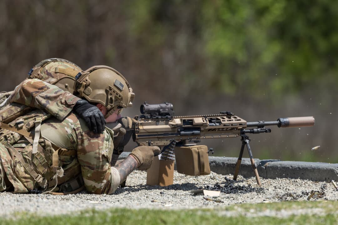 Soldiers with the United States Army practice shooting exercises at Fort Benning, Ga., on April 8, 2026. (John Fredricks/The Epoch Times)