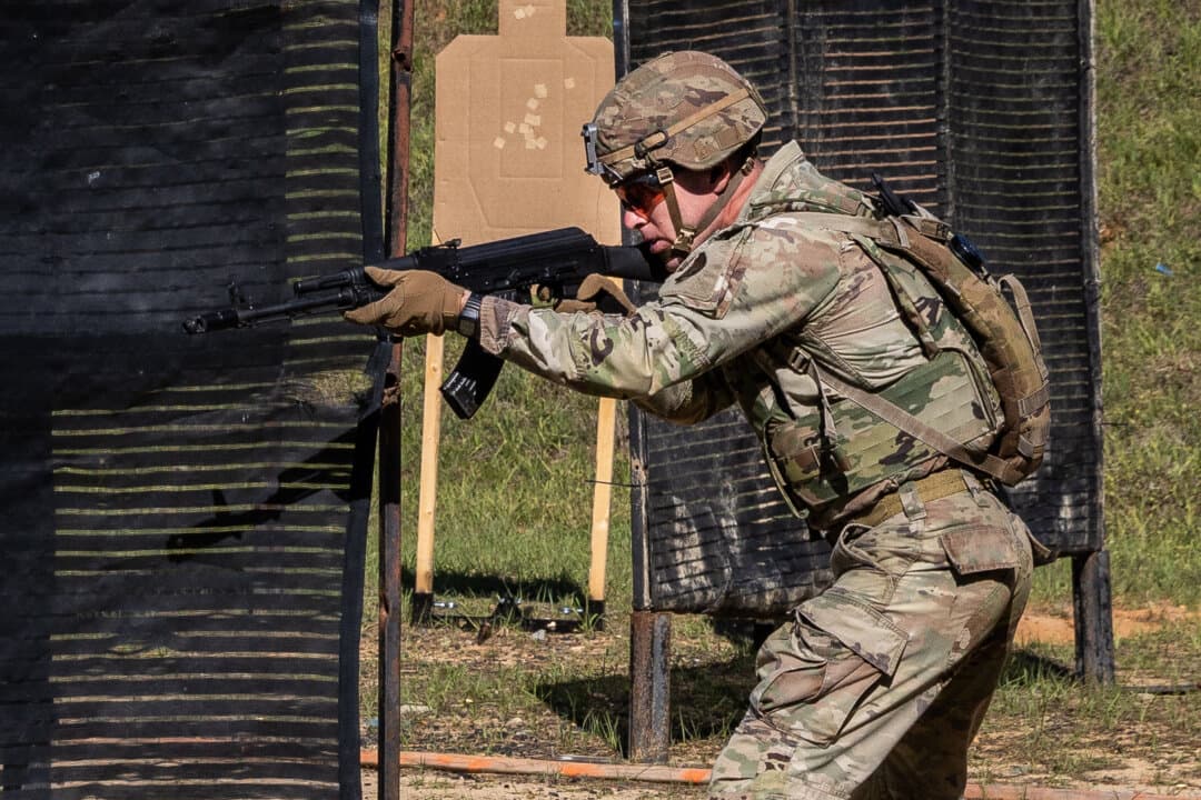 United States Army Rangers practice combat exercises at Fort Benning, Ga., on April 10, 2026. (John Fredricks/The Epoch Times)