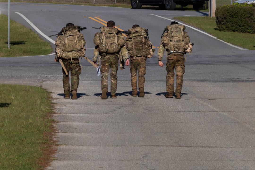 United States Army Rangers practice combat exercises at Fort Benning, Ga., on April 10, 2026. (John Fredricks/The Epoch Times)