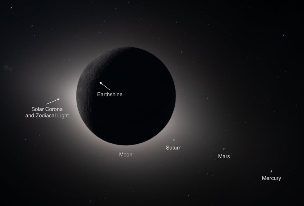 NASA identifies the Earthshine and other celestial features in this image of the solar eclipse taken by the Artemis II crew on April 6, 2026. (Courtesy of NASA).