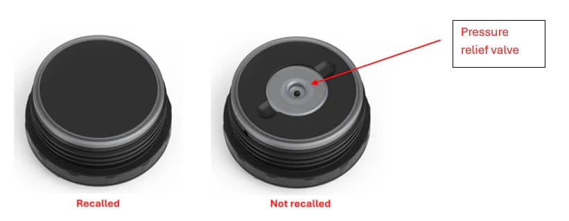 A photograph from Thermos shows the difference between stoppers that are missing the pressure relief valve, and stoppers that include the valve. (Thermos via The Epoch Times)