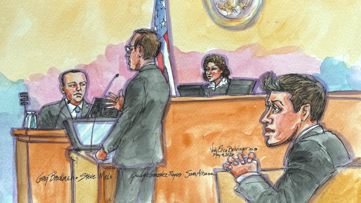Sam Altman listens as OpenAI President Greg Brockman testifies during Elon Musk's lawsuit trial over OpenAI's for-profit conversion before Judge Yvonne Gonzalez Rogers at a federal courthouse in Oakland, Calif., on May 4, 2026, in this courtroom sketch. (Vicki Behringer/Reuters)