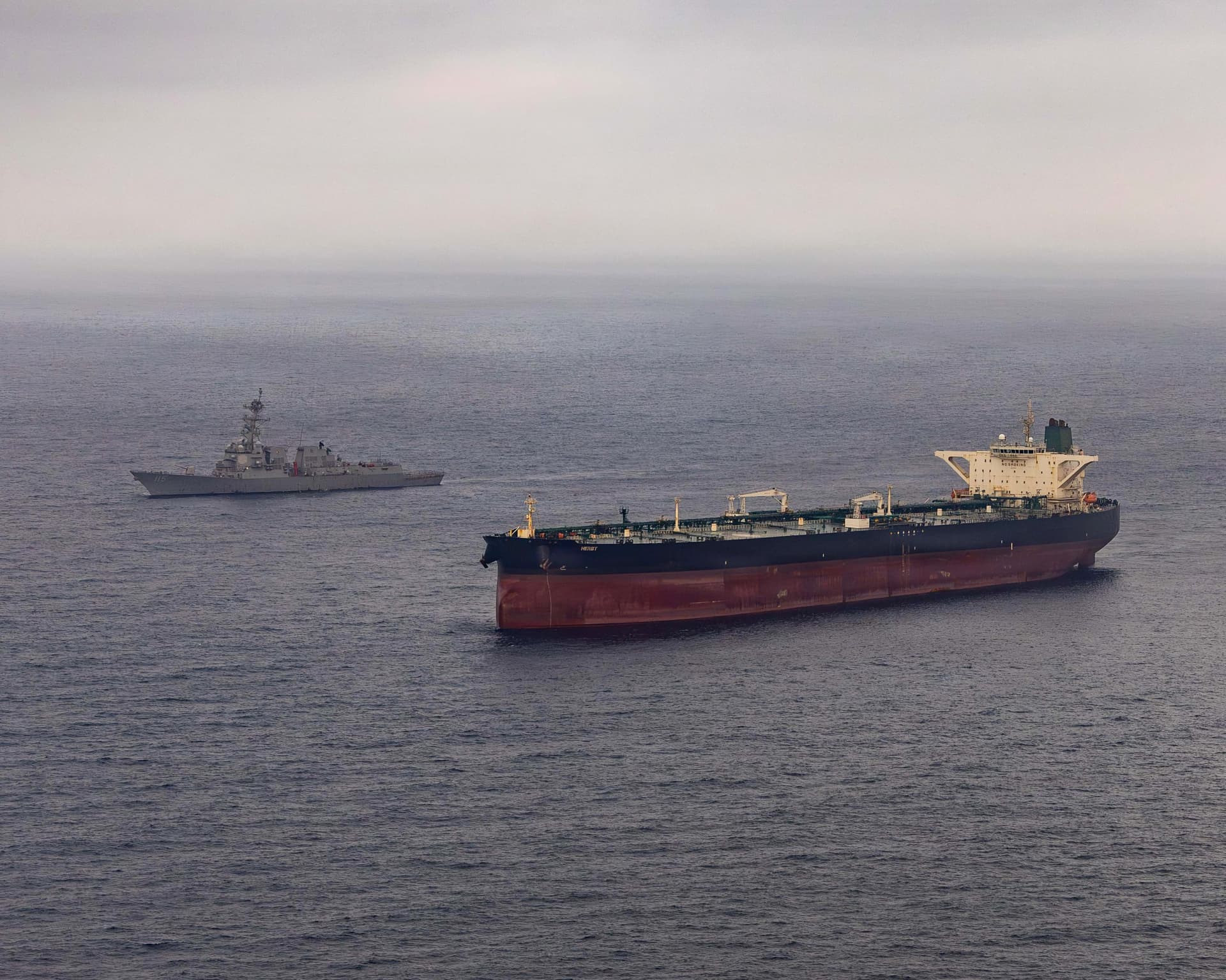 Arleigh Burke-class guided-missile destroyer USS Rafael Peralta (DDG 115) enforces a maritime blockade against an Iranian-flagged ship attempting to sail toward an Iranian port, April 24, 2026. (U.S. Navy photo)