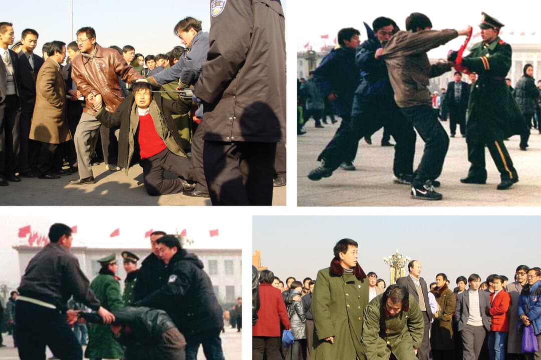 Chinese police detain Falun Gong practitioners in Tiananmen Square in Beijing, in this file photo collage. Under Chinese Communist Party rule, tens of millions of religious believers—including house Christians, Tibetan Buddhists, Uyghur Muslims, and Falun Gong practitioners—risk arrest day in and day out. (Chien-Min Chung/AP Photo, Minghui)