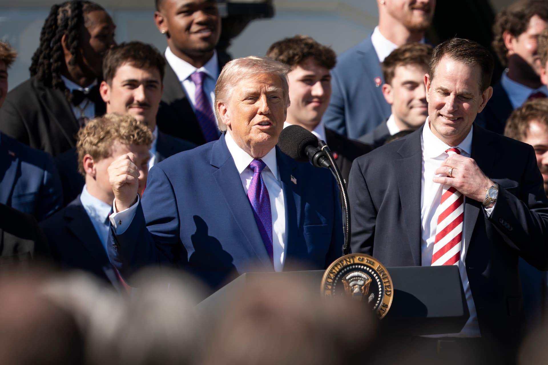 President Donald Trump welcomes the Indiana University Hoosiers football team, the reigning NCAA champions, to the White House on May 11, 2026. (Madalina Kilroy/The Epoch Times)