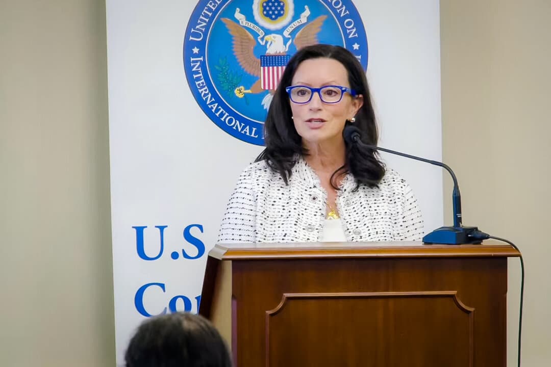 U.S. Commission on International Religious Freedom (USCIRF) commissioner Maureen Ferguson speaks at a USCIRF event in Washington on March 4, 2026. (Screenshot via The Epoch Times)